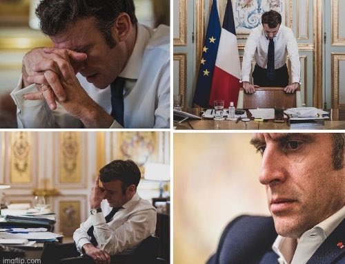 A four-panel meme featuring Emmanuel Macron looking stressed or contemplative in various office and governmental settings, with a French flag in one panel and an imgflip watermark.