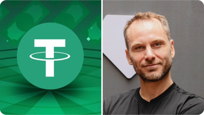 The image shows the green Tether (USDT) logo on the left and a photo of Paolo Ardoino, Tether's CEO, on the right, accompanying news of USDT's rapid user growth.