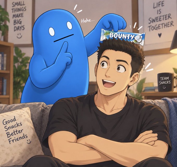 An anime-style illustration of a smiling man sitting on a couch while a blue cartoon character places a Bounty chocolate bar on his head, surrounded by motivational posters.
