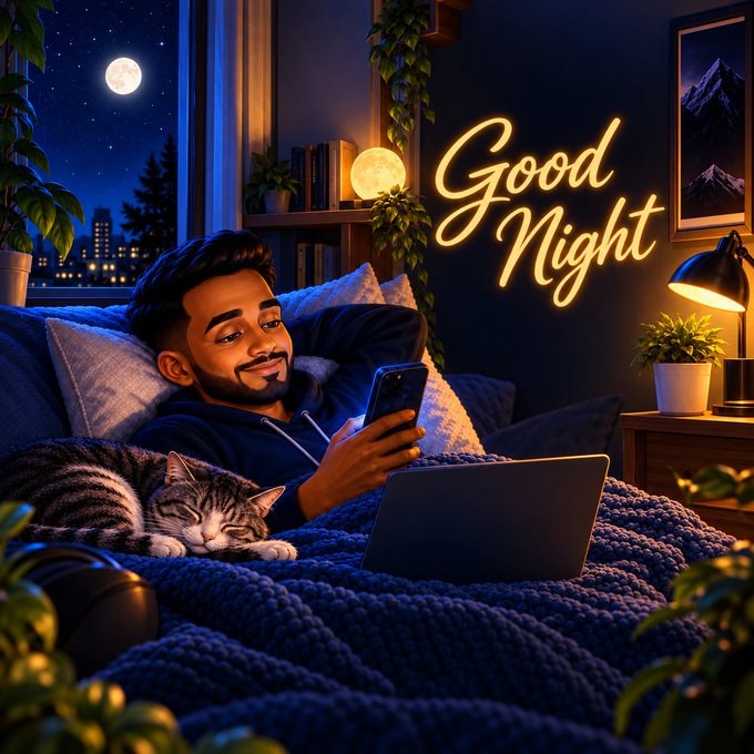 An illustrated 'Good Night' scene shows a smiling young man with a beard relaxing on a bed with a sleeping tabby cat, using a phone and laptop under the moonlight.