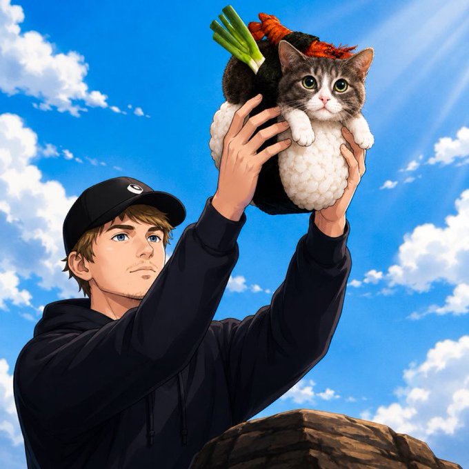 An anime-style illustration of a young man in a black hoodie and cap holding up a rice ball topped with a small kitten and vegetables against a bright blue sky with clouds.