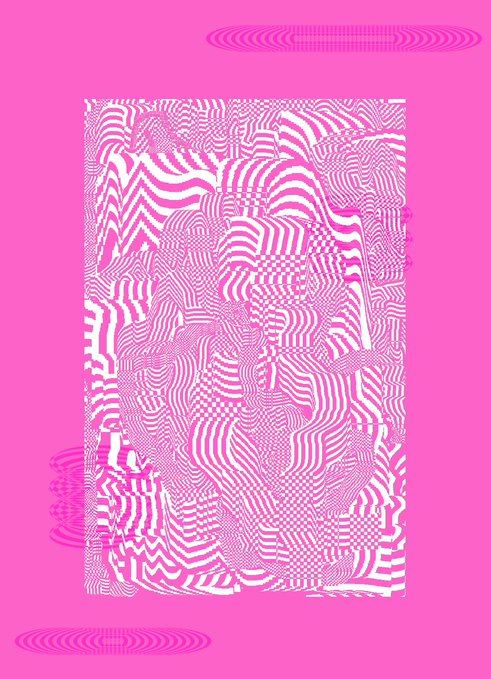 An abstract digital artwork featuring wavy, psychedelic patterns in bright pink and white, with concentric oval shapes in the background.