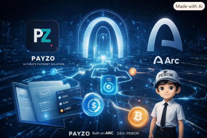A promotional graphic for PAYZO, described as the 'Ultimate Payment Solution,' built on ARC by developer PEROR, featuring logos for Payzo and Arc alongside cryptocurrency symbols like USDC, EURC, Bitcoin, and a cartoon character wearing a 'PEROR' cap.