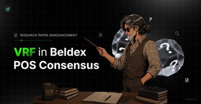 The image features an illustrated character holding a pointer, with promotional text announcing a "RESEARCH PAPER ANNOUNCEMENT" for "VRF in Beldex POS Consensus," accompanied by question mark icons and a coffee mug labeled "GM GOOD MORNING."

This relates to the post by explaining Beldex's Proof of Stake (POS) consensus mechanism, where masternodes in a committee validate new blocks of transactions using Verifiable Random Function (VRF) for selecting block leaders.