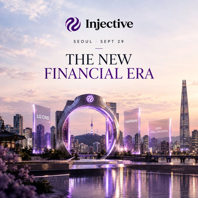 A promotional poster for an Injective event in Seoul on Sept 29 titled 'THE NEW FINANCIAL ERA,' featuring a futuristic circular arch over a city skyline with partner logos including LG CNS, Coinbase, and SMBC Nikko Securities.