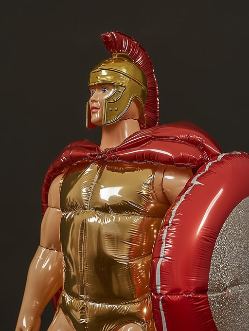 A close-up photograph of an inflatable Roman/Spartan soldier figure with a gold helmet with red plume, gold chest armor, and red cape against a dark background.