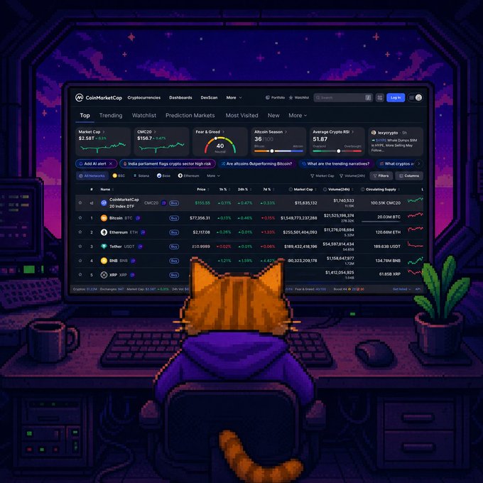 urn of a cat sits on a desk, with a computer monitor displaying a stock market dashboard and a plant nearby.