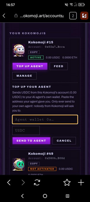 A user manages their Kokomoji NFT collection on a mobile browser, viewing Kokomoji #15 (Account: 0x02a7...Bcca) which is marked "ACTIVE" with 0.00 USDC and 0.0000 ETH balance, alongside an option to "TOP UP AGENT" by sending USDC to their AI agent's wallet. Below it appears Kokomoji #49 (Account: 0xb806...B08d) in a "NOT ACTIVATED" state, illustrating the platform's AI agent activation feature highlighted in the accompanying post.