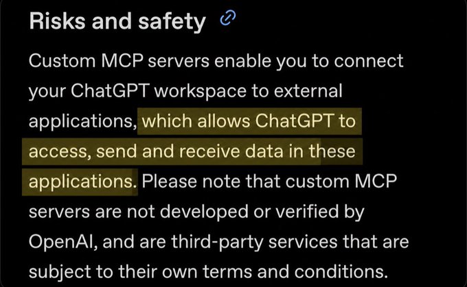 A screenshot of a "Risks and safety" notice from ChatGPT warns that custom MCP servers let the assistant "access, send and receive data" in third-party apps, with the relevant data-sharing clause highlighted in yellow—visually undercutting the poster's celebration of a MoonPay airdrop by illustrating the privacy trade-offs behind such integrations.