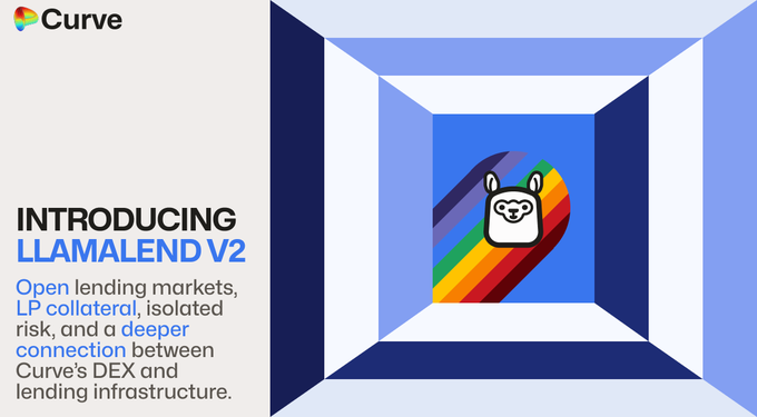 The image shows a blue and white square with the words "Introducing llamaLend v2" written below, accompanied by an illustration of a cartoon sheep (or a rabbit) wearing glasses and holding a rainbow flag. Below this, there is text that provides information about the product, specifically how it functions as a lending platform for curve cryptocurrency and other stablecoins. The main part of the image also contains information related to the launch event on @Optimism, which highlights the potential of llamaLend v2 as an Ethereum mainnet deployment in Q1 or later, with plans to evolve Llamalend from a crvUSD-centric lending system into a broader framework.