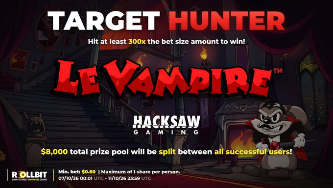 A promotional banner for 'TARGET HUNTER' featuring the 'Le Vampire' slot game by Hacksaw Gaming, with an $8,000 prize pool and a cartoon vampire mascot.