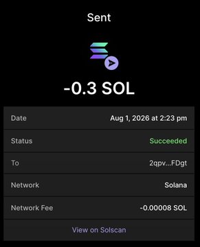A dark-themed mobile transaction screenshot confirms a successful "Sent" transaction of 0.3 SOL to the address "2qpv…FDgt" on the Solana network on August 1, 2026, with a minor network fee of 0.00008 SOL. The image serves as proof of payment to accompany the poster's giveaway announcement.

**Key details:**
- **Status:** Succeeded (in green)
- **Amount:** 0.3 SOL
- **Date:** Aug 1, 2026 at 2:23 pm
- **Network Fee:** 0.00008 SOL
- **Footer link:** View on Solscan