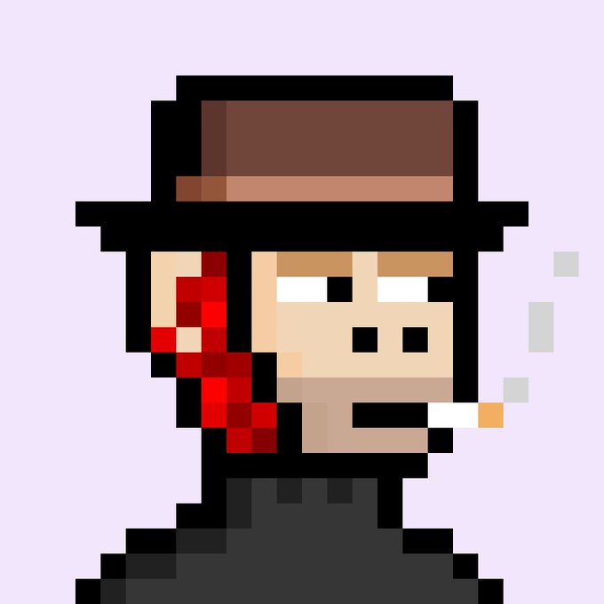 A pixel art illustration of a character wearing a black hat and smoking a cigarette, with red scars or blood marks on the left side of their face against a light purple background.