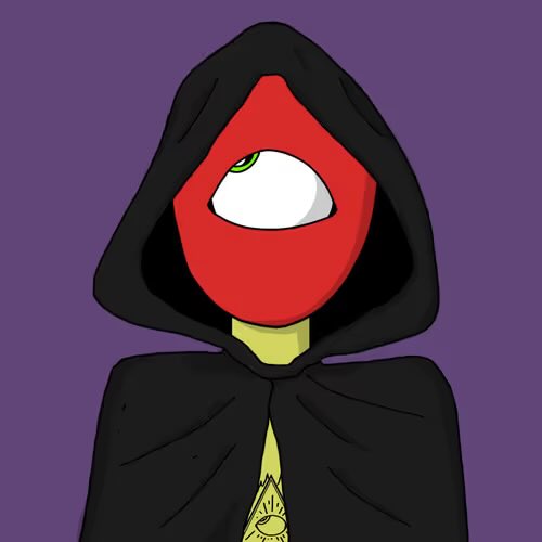 Illustration of a mysterious figure wearing a black hooded cloak against a purple background, with a single eye visible through the hood.