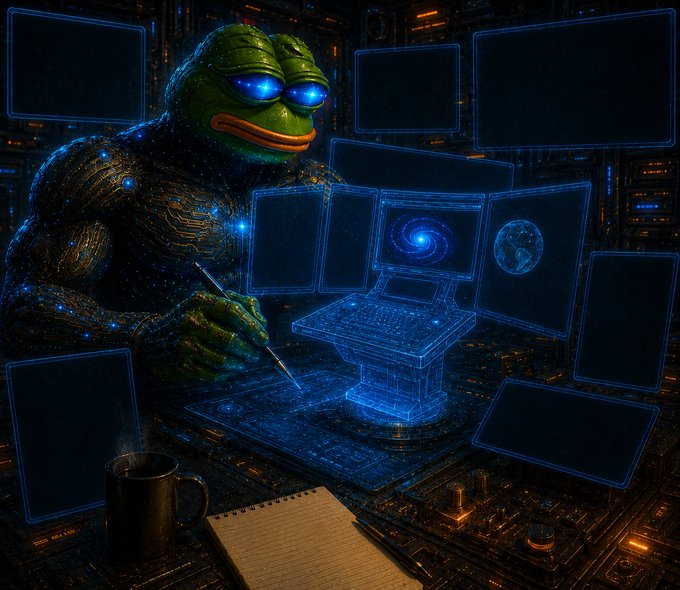 The image features a green frog with blue eyes sitting at a desk, surrounded by computer screens displaying various planets and stars. The frog appears to be writing or drawing something on paper while using a pen. In front of the frog are several computer monitors, including one that displays a planet and another that shows a star. A cup is also present in the scene. The post reads: "Thrive. $MIND terminal.mindofpepe.com".