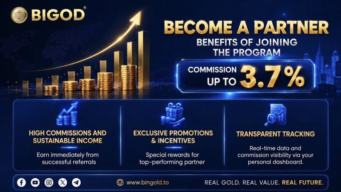 A BIGOD partner program banner advertises commissions up to 3.7% with benefits including high commissions, exclusive promotions, and transparent tracking, linking to bingold.to.