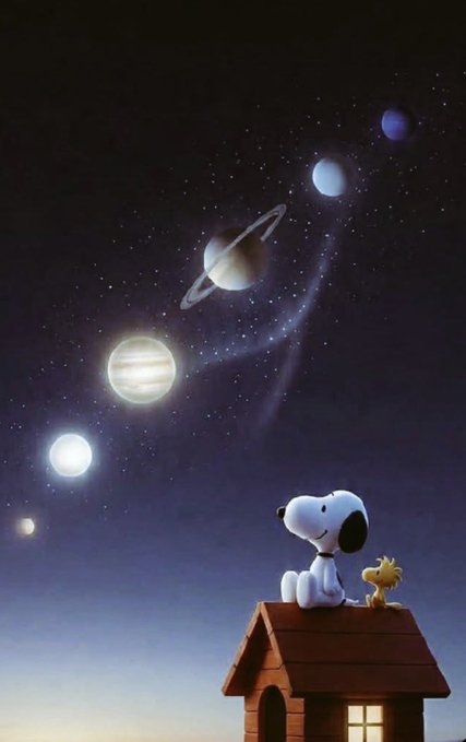 Snoopy and Woodstock sit on top of a red doghouse, gazing up at a starry night sky featuring planets including Saturn and Jupiter.