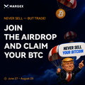 The image is an advertisement for the Margex exchange featuring a muscular superhero-like character and bold text reading "JOIN THE AIRDROP AND CLAIM YOUR BTC," promoting a "NEVER SELL YOUR BITCOIN" campaign with a ticker symbol labeled "2."