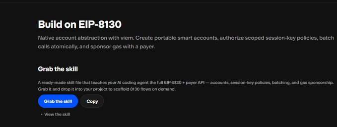 The image shows a guide titled "Build on EIP-8130", detailing native account abstraction with viem and offering a "skill" file for developers. This aligns with the post's announcement about a new builder task, the EIP-8130 builder toolkit, and instructions on how to build and test it.