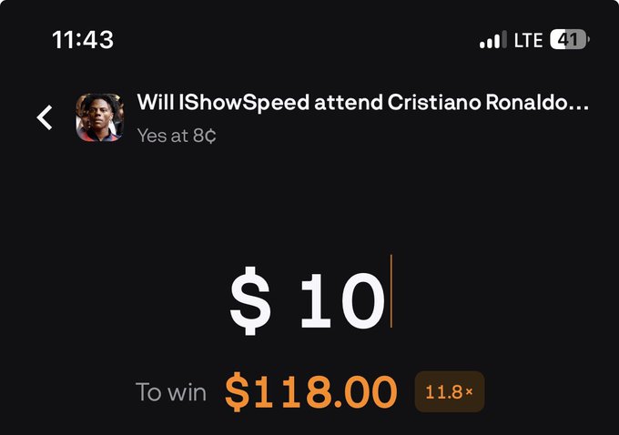 A mobile sports betting app screen showing a wager of $10 on 'Will IShowSpeed attend Cristiano Ronaldo...' with potential winnings of $118.00 at 11.8x odds.