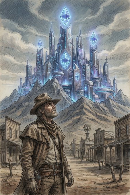 A stylized illustration of a cowboy in a Western town gazing up at a glowing futuristic crystal city floating above distant mountains.