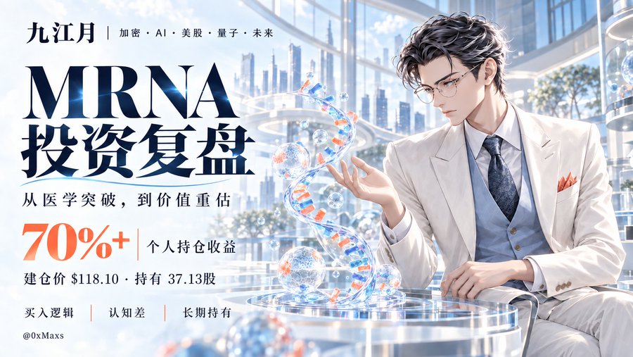 An anime-style illustration features a man in a white suit holding a DNA double helix, with Chinese text reading "MRNA 投资复盘" (MRNA Investment Review), "九江月", "70%+" personal holdings return, and "@0xMaxs" visible.