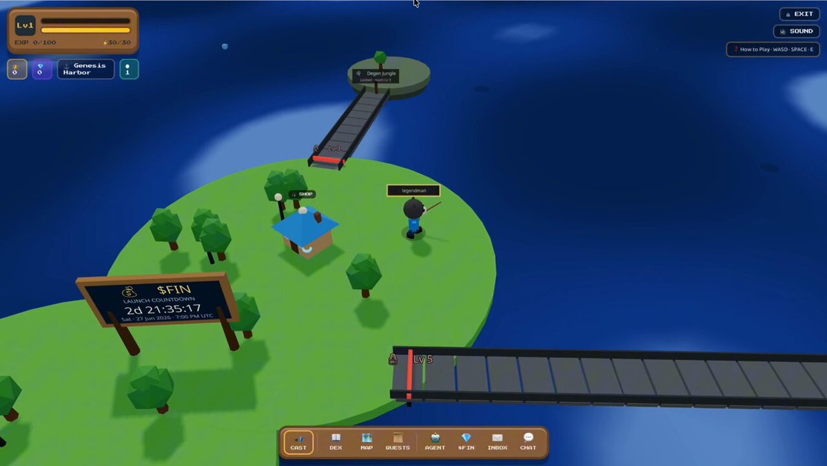 The image shows a video game environment with a small island and a bridge leading to another island, both of which have blue waters. There are two men playing in this game, and one of them seems to be using fishing rods while standing on their boat. The island is adorned with a sign for "FISHMAN ISLAND" that reads "Welcome to FISHman Island". The post also suggests the game supports multiplayer play, as indicated by its title "PHANTOM ISLAND -- A cozy multiplayer fishing RPG on Solana where every cast earns you $FIN. No install. No signature. Just connect Phantom and fish. Here' s everything you need to know".