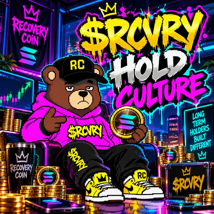 A stylized graphic for "$RCVRY" coin showing a cartoon bear in pink streetwear holding a Solana coin, with graffiti-style text reading "HOLD CULTURE" and "LONG TERM HOLDERS BUILT DIFFERENT".