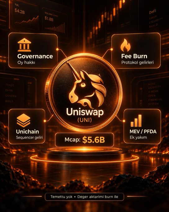 The image is an infographic-style promotional graphic for Uniswap (UNI), featuring a glowing golden unicorn coin at the center surrounded by feature boxes highlighting "Governance," "Fee Burn," "Unichain," and "MEV/PFDA," with a market cap displayed as "Mcap: $5.6B" and Turkish text emphasizing that value flows to the token through burns rather than dividends. The fiery, cinematic design visually reinforces the post's theme about Uniswap's massive trading volume historically having limited direct impact on the UNI token, now being addressed through fee burns and other token-aligned mechanisms.