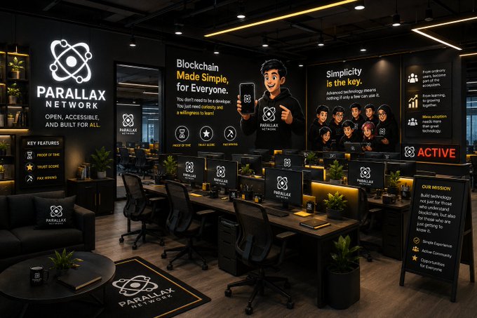 An interior view of a tech office or gaming space branded 'PARALLAX NETWORK' with signage reading 'Blockchain Made Simple, for Everyone', 'OPEN, ACCESSIBLE, AND BUILT FOR ALL', 'Simplicity is the key', and 'ACTIVE'.