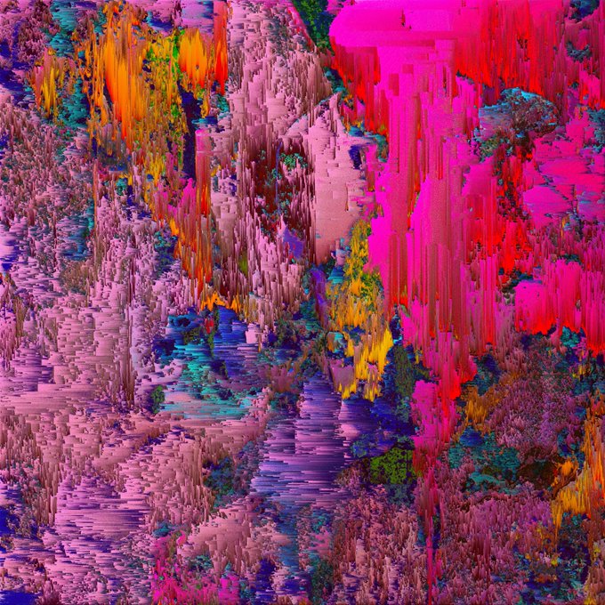 A chaotic, abstract digital artwork with vertical streaks of bright pink, red, blue, and yellow colors creating a distorted, glitchy visual effect.