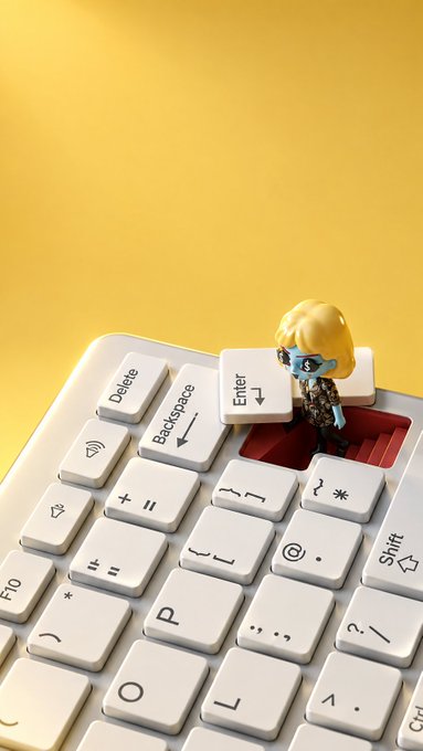 A 3D rendered image of a small blonde figure in sunglasses standing on the Enter key of a white computer keyboard against a yellow background.