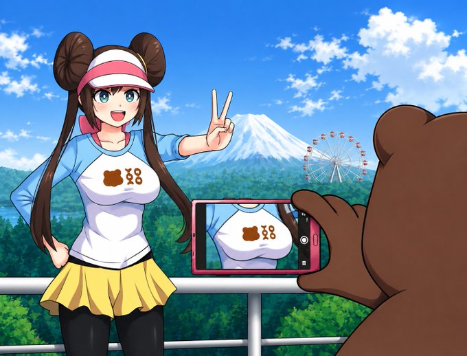 An anime girl with brown hair in twin buns poses with a peace sign, wearing a white shirt featuring a bear logo and "熊 x 金" text, while a bear takes her photo with a smartphone showing Mt. Fuji and a Ferris wheel in the background—a playful visual nod to "berachain" (bear + chain) and its memorable moments.