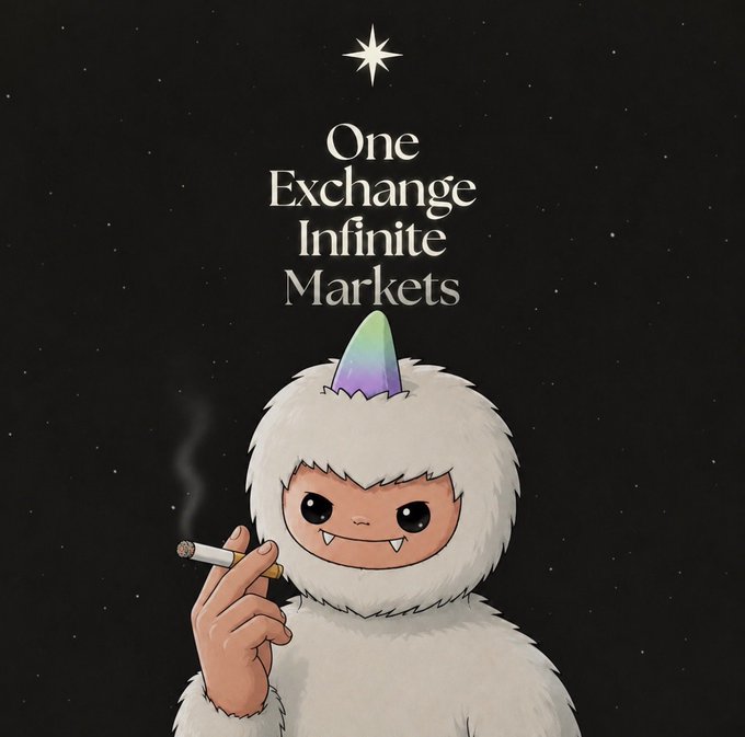 An illustration of a cartoon yeti-like creature wearing a rainbow horn, smoking a cigar, and holding a cigarette, with the text 'One Exchange Infinite Markets' against a starry black background.