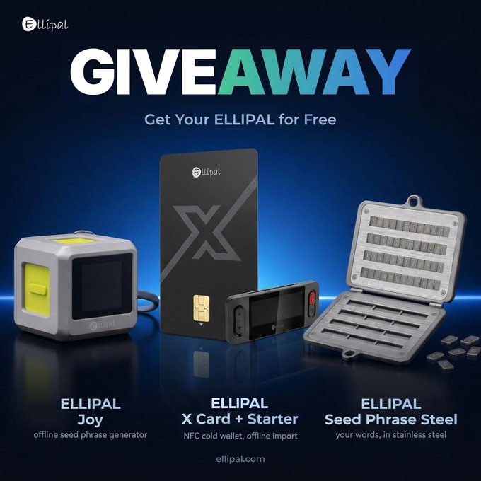 A promotional giveaway image from ELLIPAL featuring three crypto security products—the ELLIPAL Joy (offline seed phrase generator), ELLIPAL X Card + Starter (NFC cold wallet), and ELLIPAL Seed Phrase Steel—displayed against a blue background with the headline "GIVEAWAY: Get Your ELLIPAL for Free," supporting the post's announcement of 15 prizes to be drawn on Monday.