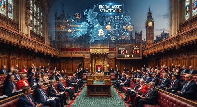 The image depicts the UK House of Lords chamber with a digital overlay featuring a map of the UK, Bitcoin symbols, and blockchain graphics, alongside a tally board showing "CONTENT 194" and "NOT CONTENT 138 — CARRIED," visually representing the passage of the Digital Asset Strategy amendment. Text at the top reads "DIGITAL ASSET STRATAGY UK," tying the parliamentary vote scene to the post's mention of the UK moving forward first on the CLARITY Act's digital asset provisions.