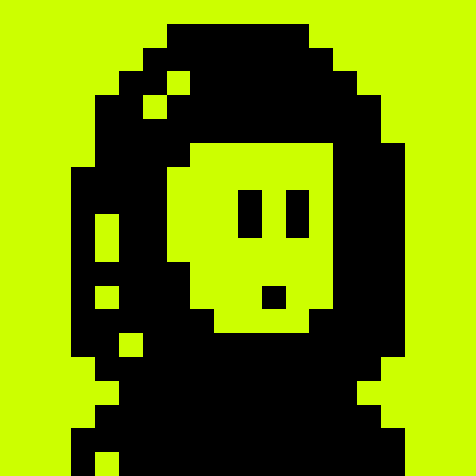 A pixel art illustration of a figure in a hooded garment in black silhouette against a bright yellow-green background.