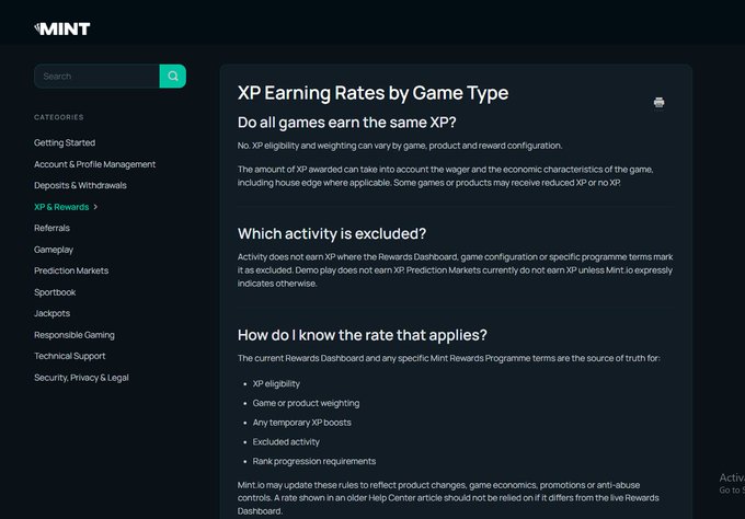 A screenshot of the Mint help center page titled 'XP Earning Rates by Game Type - Do all games earn the same XP?' with categories like Getting Started, Account & Profile Management, and Deposits & Withdrawals listed on the left sidebar.