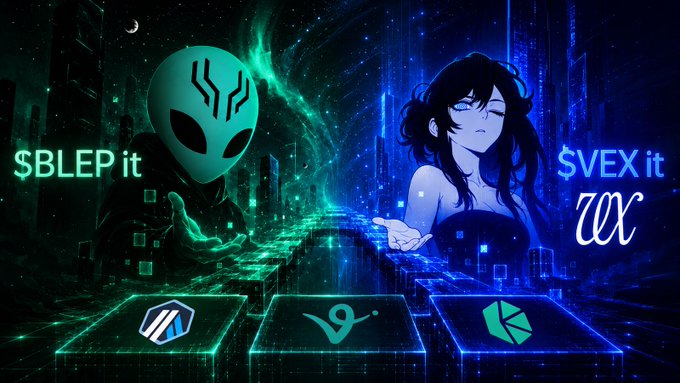 A split digital artwork featuring a green alien on the left with text '$BLEP it' and an anime-style woman on the right with text '$VEX it', set against a cyberpunk cityscape with three tech company logos at the bottom.