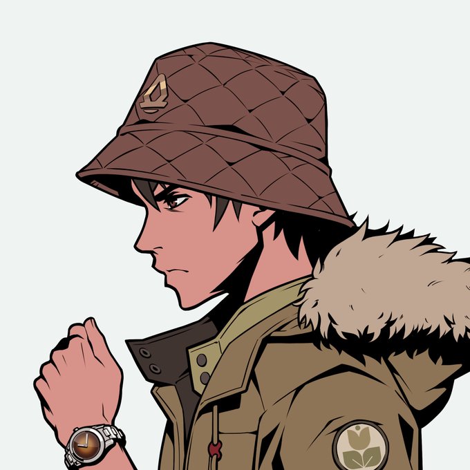 An anime-style illustration of a young man in profile wearing a quilted brown bucket hat and a fur-lined parka, with a watch visible on his wrist.