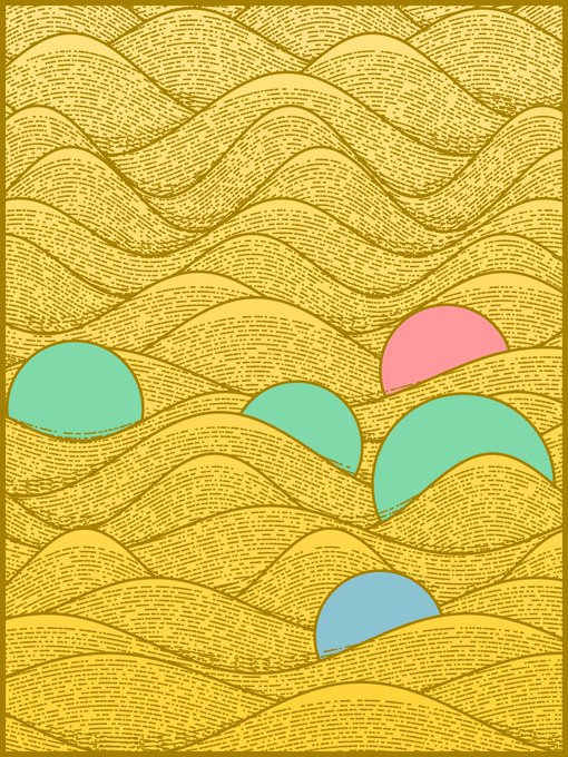 An artistic illustration features pastel-colored circles (teal, pink, and blue) rising and setting like suns and moons across layers of wavy, text-filled golden waves.
