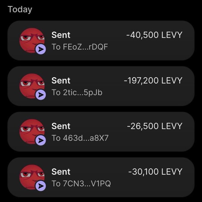 The image shows a transaction history titled "Today" with four outgoing LEVY token transfers: -40,500, -197,200, -26,500, and -30,100 sent to various wallet addresses, all featuring a red angry-face avatar. Combined with the "Who's next?" caption, the image suggests the wallet owner is rapidly distributing large amounts of LEVY tokens to multiple addresses in quick succession.