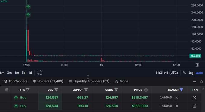 A cryptocurrency trading chart showing a LAPTOP/USDC trading pair with Top Traders list displaying two buy orders at prices of $316.3497 and $163.1990, with the current price highlighted at 0.7855.