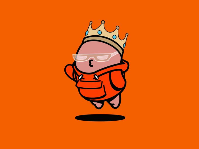 The image shows a cute cartoon character wearing a gold crown with blue and white jewels, white sunglasses, and an orange hoodie, floating against a solid orange background—a playful mascot-style illustration that matches the cheerful, motivational tone of the "GM legends" (Good Morning) post about having a productive day.