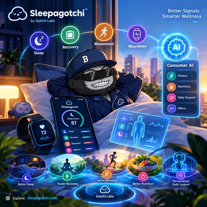 Promotional graphic for 'Sleepagotchi by Gotchi Labs' featuring a cartoon mascot in sunglasses lying in bed, surrounded by icons for Sleep, Recovery, Movement, Wearables, and AI Consumer features (Fitness, Nutrition, Daily Support), with a smartphone showing a 'Sleep Score 87' and tagline 'Better Signals, Smarter Wellness.'