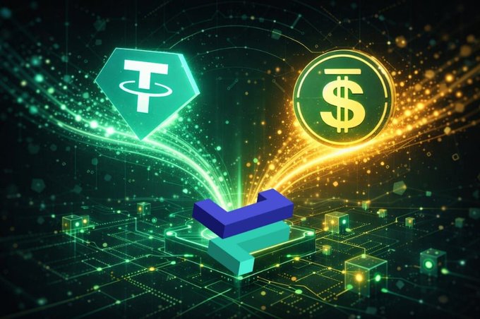 A digital graphic showing a green Tether (USDT) logo and a gold dollar coin ($) connected by streams of light particles flowing toward a central blue checkmark on a circuit board, representing a USDT stablecoin transaction.