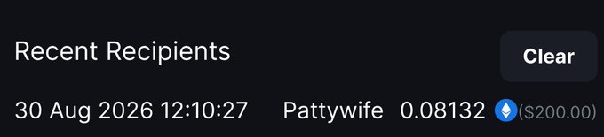 The image shows a "Recent Recipients" notification displaying a transfer to "Pattywife" of 0.08132 ETH (worth $200.00) dated 30 Aug 2026 12:10:27. This appears to confirm the winning payout from the giveaway, showing the $200 prize was sent to the winner Pattywife via cryptocurrency.