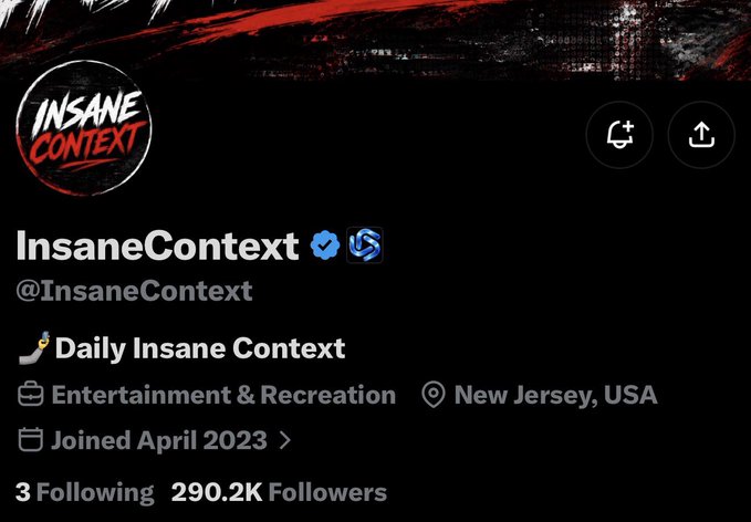 A Twitter/X profile for InsaneContext (@InsaneContext) featuring a red and black logo, categorized as Entertainment & Recreation, based in New Jersey, USA, with 290.2K followers and joined in April 2023.