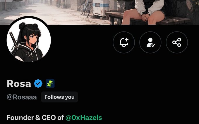 Social media profile for 'Rosa' (@Rosaaa), a verified account, identifying her as 'Founder & CEO of @0xHazels' with an anime-style profile picture of a girl with a katana.