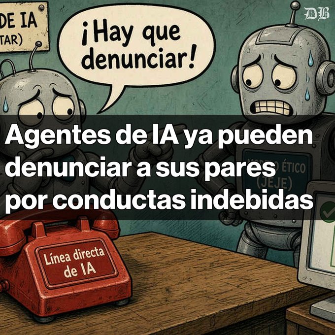 An illustrated cartoon graphic with two robots, a red phone labeled 'Línea directa de IA', and Spanish text reading 'Agentes de IA ya pueden denunciar a sus pares por conductas indebidas' and '¡Hay que denunciar!'.